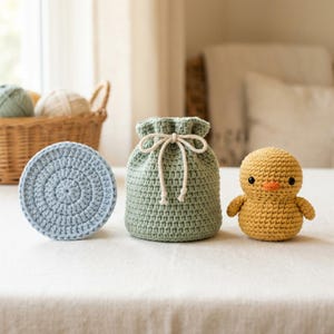 Beginner Crochet Pattern Bundle PDF, Learn to Crochet Starter Set, Easy First Projects, Coaster Bag & Plush, Step by Step Photos