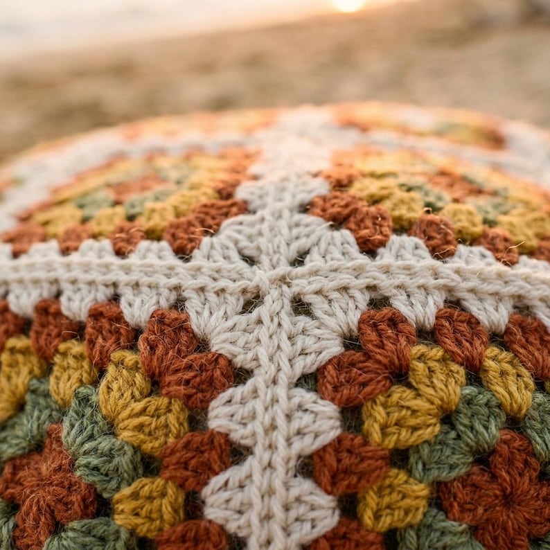 Puede incluir: Primer plano de un coj&iacute;n tejido a ganchillo con un patr&oacute;n geom&eacute;trico. El coj&iacute;n presenta una mezcla de colores c&aacute;lidos, incluyendo crema, naranja, amarillo y verde. El dise&ntilde;o hecho a mano es visible en las costuras detalladas.
