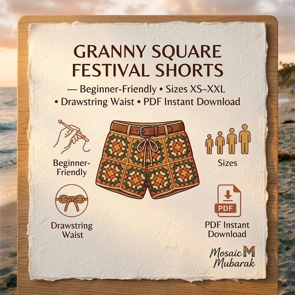 Granny Square Shorts Crochet Pattern, Boho Patchwork Shorts PDF
