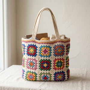 Granny Square Bag Crochet Pattern PDF, Boho Tote with Lining Guide, Easy Beginner, 3 Sizes Mini to XL, Photo Tutorial
