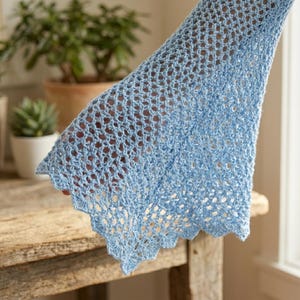 May include: A light blue, open-weave shawl with a scalloped edge. The triangular shawl is made of a soft, airy material, perfect for layering. The shawl is displayed on a rustic wooden surface, with potted plants in the background.