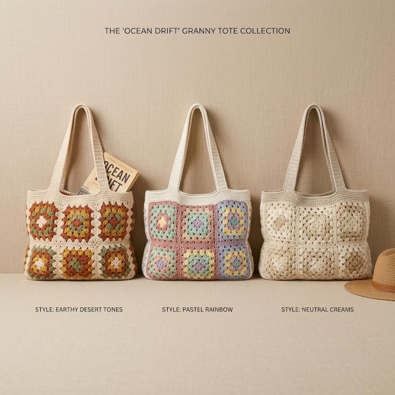 Puede incluir: Tres bolsos de mano de ganchillo de la colecci&oacute;n 'Ocean Drift' Granny Tote. Los bolsos presentan patrones cuadrados de punto de la abuela en tonos des&eacute;rticos terrosos, arco&iacute;ris pastel y cremas neutras. Cada bolso tiene un asa color crema y una base a juego.