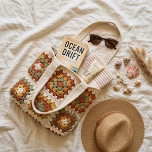 Puede incluir: Un bolso tote de crochet color crema con un colorido estampado floral, que contiene un libro titulado "Ocean Drift", gafas de sol, un tubo de loci&oacute;n y una toalla a rayas. Tambi&eacute;n hay un sombrero de paja y conchas marinas.