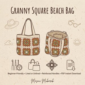 Puede incluir: Ilustraci&oacute;n de un bolso de playa Granny Square. El bolso es beige con un colorido patr&oacute;n de ganchillo. La imagen incluye el texto "Granny Square Beach Bag" y otros elementos de dise&ntilde;o como un sombrero, gafas y un sol.
