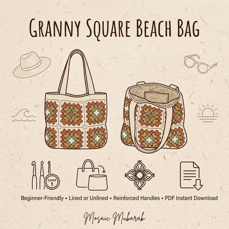 Puede incluir: Ilustraci&oacute;n de un bolso de playa Granny Square. El bolso es beige con un colorido patr&oacute;n de ganchillo. La imagen incluye el texto "Granny Square Beach Bag" y otros elementos de dise&ntilde;o como un sombrero, gafas y un sol.