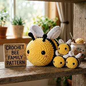 May include: A crocheted bee family, featuring a large yellow and black bee with white wings and two smaller bees. A wooden sign reads "CROCHET BEE FAMILY PATTERN". The bees are on a wooden shelf.