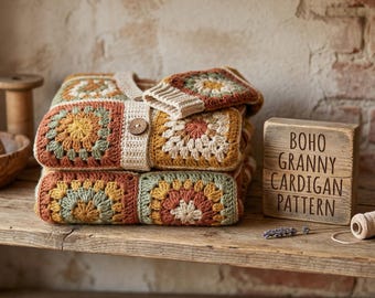 Patrón de cárdigan cuadrado estilo abuela boho a crochet, patrón de suéter patchwork en PDF, cárdigan fácil a crochet, prenda de crochet para principiantes, abrigo para festivales