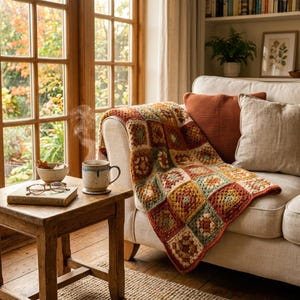 May include: A cozy living room scene with a cream-colored sofa draped with a colorful, crocheted blanket. A wooden side table holds a steaming mug, a bowl, and a book titled "Autumn Days". The room is bathed in natural light.
