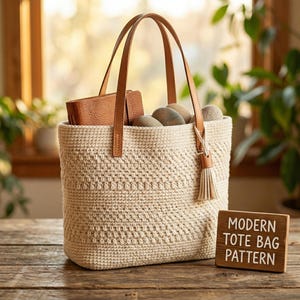 Könnte beinhalten: Cremefarbene gehäkelte Tragetasche mit braunen Ledergriffen und Quaste. Die Tasche enthält ein braunes Portemonnaie und mehrere Steine. Ein Holzschild daneben zeigt "MODERN TOTE BAG PATTERN."