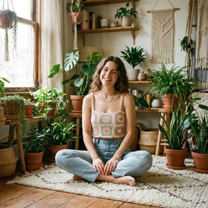 Op de afbeelding: Een kleurrijke gehaakte crop top met een vierkant patroon. De top heeft vierkanten in roze, geel, blauw en groen op een neutrale basis. De persoon draagt een lichtblauwe spijkerbroek en zit op een kleed omringd door potplanten.