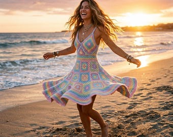 Patrón de ganchillo para minivestido cuadrado de abuela, vestido bohemio patchwork en PDF, vestido de verano fácil de ganchillo, vestido para principiantes para festivales, ropa de verano