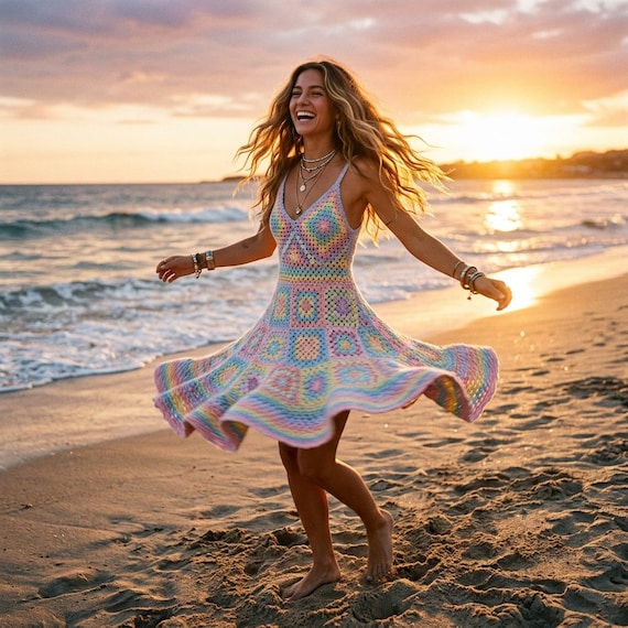 Granny Square Mini Dress Crochet Pattern, Boho Patchwork Dress PDF, Easy Crochet Sundress, Festival Beginner Dress, Summer Wear