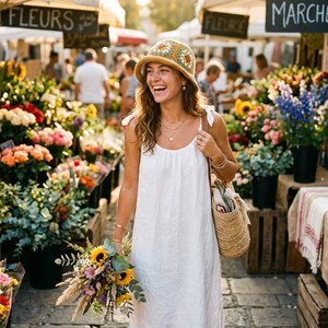 May include: A woman smiles while walking through a flower market, holding a bouquet of sunflowers and other flowers. She wears a white dress, a crochet hat, and carries a straw bag. The market has flower displays and signs that say "FLEURS" and "MARCHE".