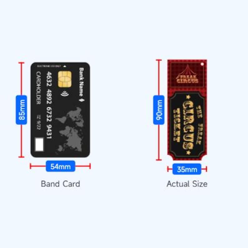 Puede incluir: La imagen muestra una tarjeta bancaria negra, 85mm x 54mm, y una entrada de circo, 90mm x 35mm. La tarjeta bancaria tiene el texto "Bank Name" y un n&uacute;mero de tarjeta. La entrada dice "FREAK CIRCUS" y "THE FREAK CIRCUS TICKET".