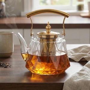 Diamantslipat glastekanna | Guldfärgad tekanna med handtag | 1000 ml induktionssäker