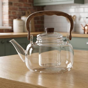 Glas Teekanne mit Holz Griff & Infuser | 1L Loseblatt Tee Kanne