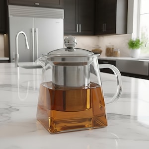 May include: A clear glass teapot with a stainless steel infuser and lid. The teapot is filled with amber-colored tea. The handle is curved, and the teapot sits on a white marble countertop. The kitchen background includes a stainless steel refrigerator.