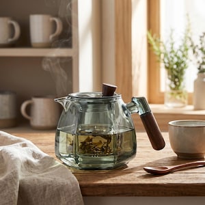 Könnte beinhalten: Eine Glasteekanne mit Holzgriff und Deckel, gefüllt mit Tee und Dampf, der aufsteigt. Die Teekanne hat ein geometrisches Design und steht auf einer Holzoberfläche. Eine kleine Keramiktasse und ein Holzlöffel befinden sich in der Nähe.