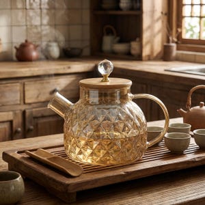 Puede incluir: Una tetera de vidrio transparente con un diseño de diamantes, tapa de madera y pomo de cristal. La tetera está sobre una bandeja de madera con tazas de té y una cuchara de madera. Sale vapor de la tetera, sugiriendo té caliente.