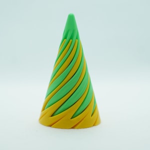 May include: A green and yellow cone-shaped object with a spiral design. The object has a pointed top and a wide base. The colors are bright and the design is visually appealing. The object is likely a decorative item or a party hat.