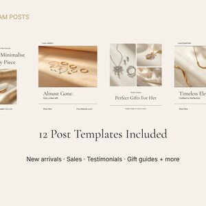 May include: Instagram post templates featuring minimalist jewelry. The image showcases various jewelry pieces, including necklaces, rings, and earrings, with text overlays such as "Luxurious Minimalist Jewelry Piece" and "Perfect Gifts For Her."