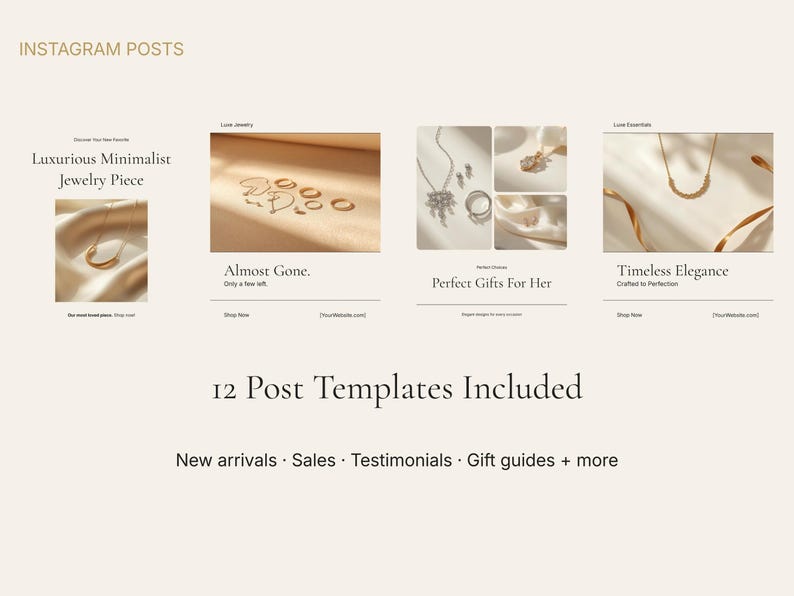 May include: Instagram post templates featuring minimalist jewelry. The image showcases various jewelry pieces, including necklaces, rings, and earrings, with text overlays such as "Luxurious Minimalist Jewelry Piece" and "Perfect Gifts For Her."