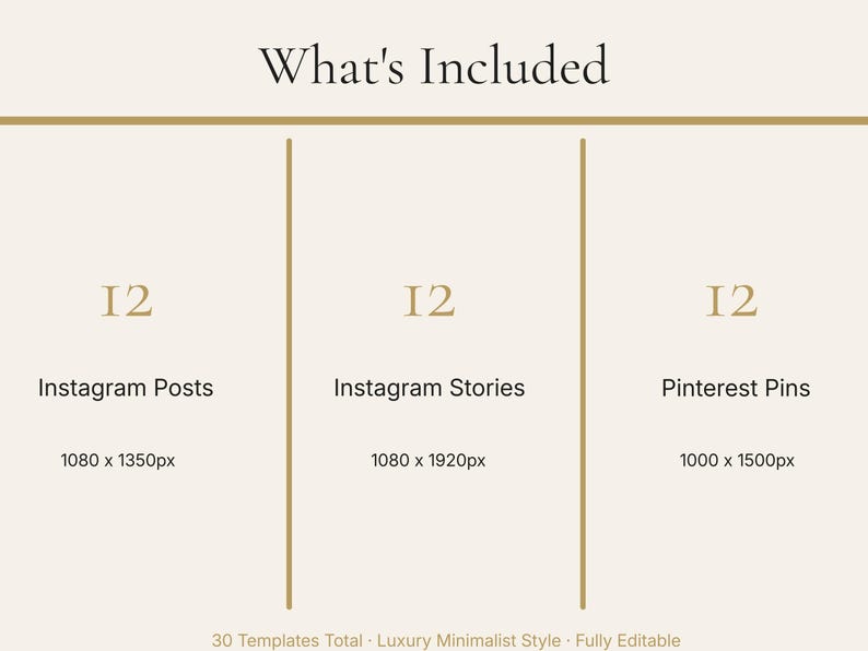 May include: A beige graphic with the text "What's Included" at the top. The graphic lists 12 Instagram Posts, 12 Instagram Stories, and 12 Pinterest Pins, with their respective pixel dimensions. The text "30 Templates Total - Luxury Minimalist Style - Fully Editable" is at the bottom.