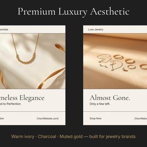 May include: Two product displays with jewelry. The left display shows a gold necklace with the text "Timeless Elegance". The right display shows rings and necklaces with the text "Almost Gone."
