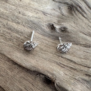 Handmade cute teeny tiny sea shell stud earrings, using fine silver and 925 sterling silver