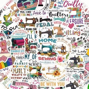 May include: A collection of assorted vinyl stickers featuring sewing machines, measuring tapes, and quilting-themed text such as Blessed are the Quilters, Home is where the sewing machine is, and In my defense I was left unsupervised.