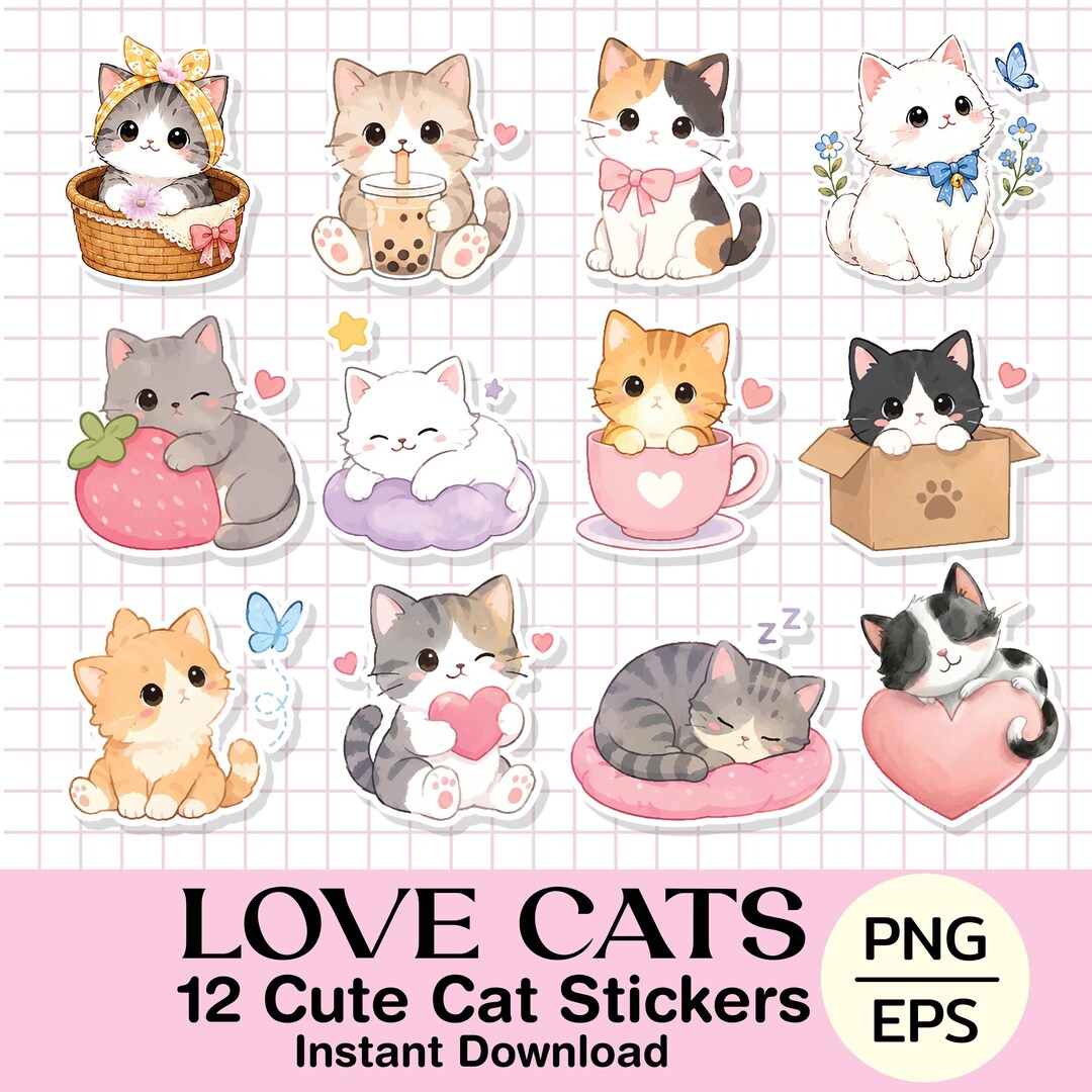 Kawaii Cat Sticker Pack | Pastel Kitty Clipart Bundle (PNG, EPS) - Etsy