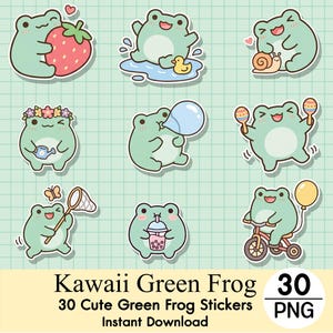 May include: A collection of 30 digital stickers featuring light green frogs in various activities, including holding a strawberry, playing with a duck, riding a bicycle, and drinking boba tea. The text reads Kawaii Green Frog 30 Cute Green Frog Stickers Instant Download.