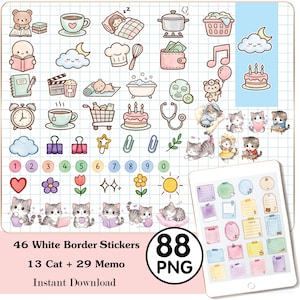 May include: A collection of 88 PNG stickers featuring various cute illustrations. The stickers include cats, food items, stationery, and other decorative elements. The stickers are designed with white borders and are available for instant download.