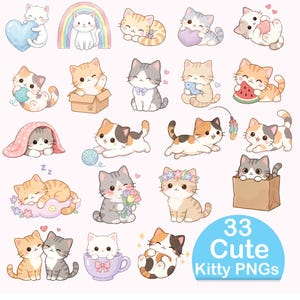 Puede incluir: Una colección de 33 ilustraciones digitales que muestran gatitos de dibujos animados en varias poses, incluyendo jugar con lana, sentados en cajas, sosteniendo corazones, comiendo sandía y usando coronas de flores, con el texto 33 Cute Kitty PNGs.