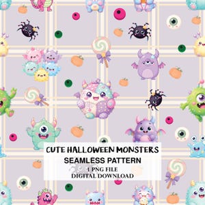 May include: A seamless pattern featuring colorful cartoon monsters, spiders, pumpkins, eyeballs, and lollipops on a light purple plaid background. The text reads CUTE HALLOWEEN MONSTERS SEAMLESS PATTERN 1 PNG FILE DIGITAL DOWNLOAD.