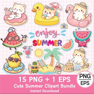 May include: A digital clipart bundle featuring summer-themed illustrations including cats in pool floats, a watermelon character, a pineapple, a palm tree, and a sandcastle. The text reads enjoy SUMMER, 15 PNG + 1 EPS, and Cute Summer Clipart Bundle.