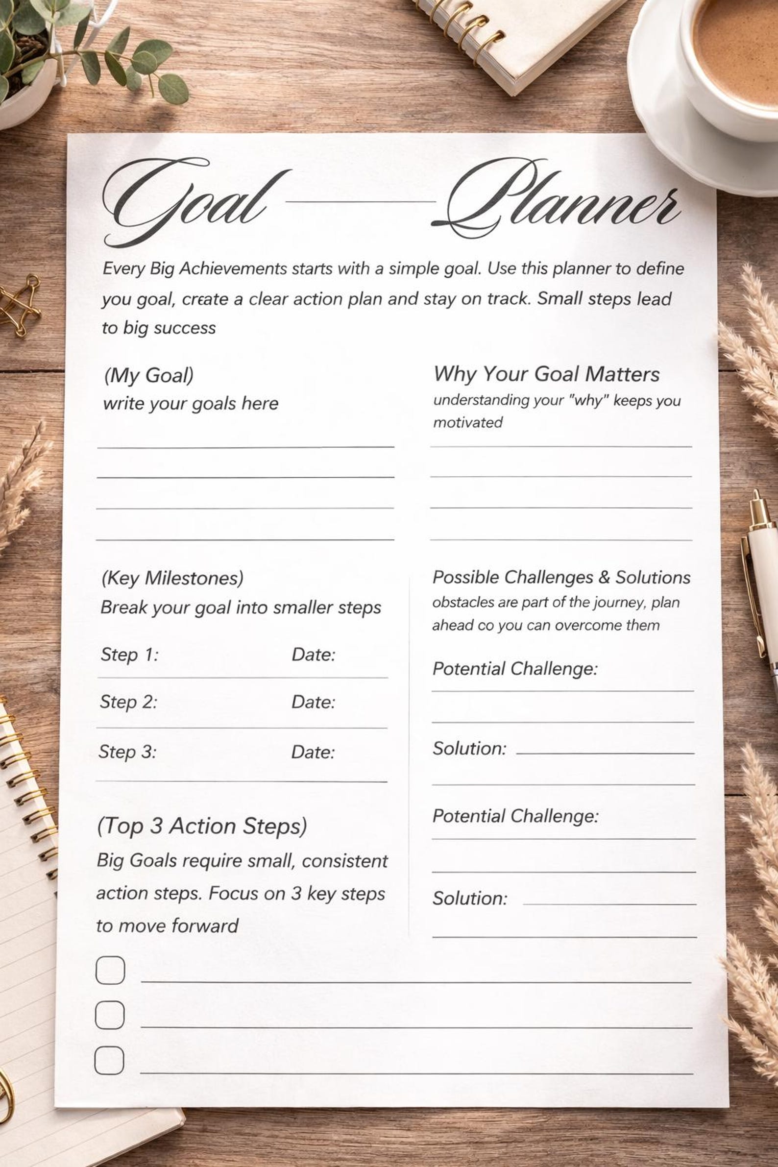 Minimalist Goal Planner Printable | Action Plan Worksheet (PDF Download ...
