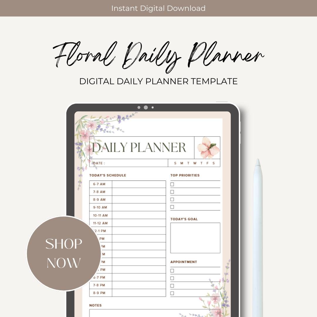 Floral Daily Planner Printable | Undated Hourly Schedule Productivity ...