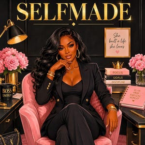 May include: Illustration of a woman in a black suit sitting in a pink chair. The word "SELFMADE" is at the top. A mug that says "BOSS ENERGY" is on the desk. Books with the words "FOCUS", "GOALS", and "DISCIPLINE" are stacked.