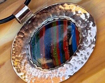 Handcrafted Copper Sterling Silver Rainbow Calsilica Pendant Necklace - Unique Women's Jewelry Gift