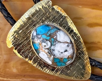 Elegant Brass Sterling Silver Western Bolo Tie White Buffalo Turquoise Unisex Gift