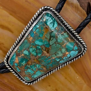 Handcrafted Compressed Teal Turquoise Bolo Tie Sterling Silver Western Neckwear Southwestern Statement Jewelry