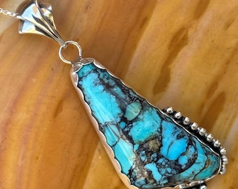 Elegant Compressed Blue Turquoise Pendant Necklace Handmade Sterling Silver Jewelry for Women