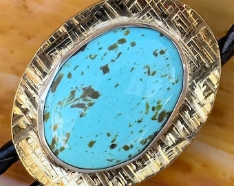 Handcrafted Brass Sterling Silver Kingman Turquoise Bolo Tie - Unisex Western Accessory