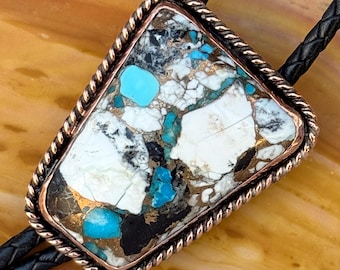 Copper Bolo Tie White Buffalo Kingman Turquoise Western Cowboy Accessory Southwestern Necklace Pendant