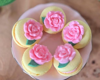 Macarons de rosa rosa, hechos a mano, elegantes dulces para fiestas de té, recuerdos de boda, regalo de cumpleaños, postres para fiestas en el jardín, postres para inauguración de casa, florales