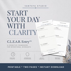 May include: A printable C.L.E.A.R. Entry™ cognitive framework for intentional workdays. The design includes the text "Start Your Day With Clarity" and "Printable Two Pages Instant Download". The framework is designed for focused minds and takes less than 10 minutes.