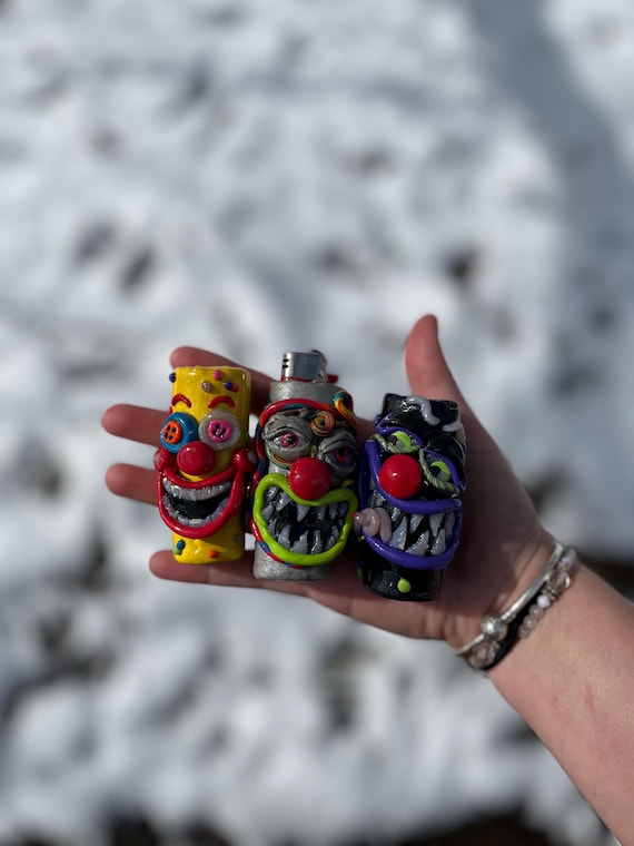 Creepy Clown Monster Lighter Covers - Hand-Sculpted Polymer Clay Bic Sleeves, Horror Gothic Art, Unique Smoker Gift