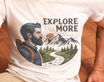 Camiseta "Explorar más" para excursionistas con barba, ideal para aventuras en la montaña, ideal para mochileros y excursionistas.