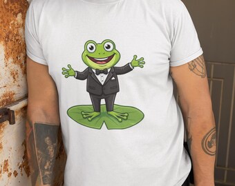 Camiseta divertida de rana de esmoquin / Diseño de anfibio de rana sobre nenúfar